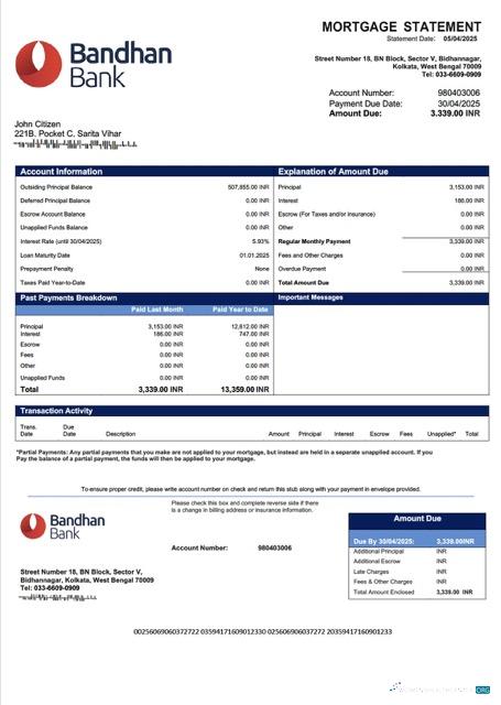 Download India Bandhan Bank mortgage statement Word and PDF template Photoshop template